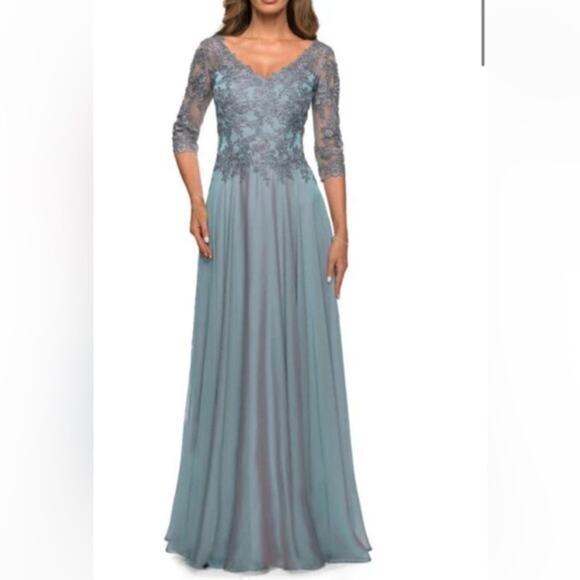 New La Femme Lace Bodice Chiffon A-Line Gown In Slate Blue Gown 10